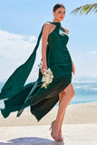 Sereia Verde Escuro Halter Cetim Vestido Longo Madrinha com Streamer