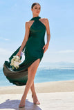Sereia Verde Escuro Halter Cetim Vestido Longo Madrinha com Streamer