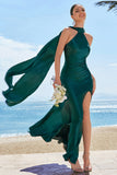 Sereia Verde Escuro Halter Cetim Vestido Longo Madrinha com Streamer