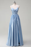 Sky Blue Espaghetti Correias A-Line Vestido Longo Madrinha