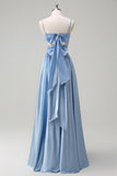 Sky Blue Espaghetti Correias A-Line Vestido Longo Madrinha