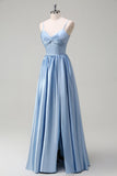 Sky Blue Espaghetti Correias A-Line Vestido Longo Madrinha