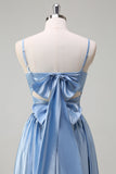 Sky Blue Espaghetti Correias A-Line Vestido Longo Madrinha