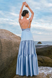 Sky Blue A-Line Esparguete Correias Backless Cetim Long Vestido Madrinha