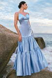 Sky Blue A-Line Esparguete Correias Backless Cetim Long Vestido Madrinha