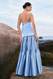 Sky Blue A-Line Esparguete Correias Backless Cetim Long Vestido Madrinha