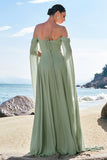 Verde claro ombro frio destacável mangas Chiffon vestido de dama de honra