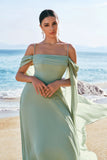 Verde claro ombro frio destacável mangas Chiffon vestido de dama de honra