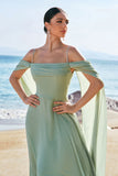 Verde claro ombro frio destacável mangas Chiffon vestido de dama de honra
