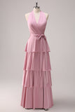 Vestido de dama de honra Pink Halter Tiered A-Line com Sash