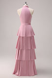 Vestido de dama de honra Pink Halter Tiered A-Line com Sash