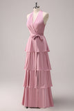 Vestido de dama de honra Pink Halter Tiered A-Line com Sash