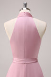 Vestido de dama de honra Pink Halter Tiered A-Line com Sash