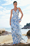 Vestido de Dama de Honor Comprido em Linha-A com Estampado Floral Branca e Azul e Folhos