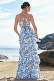 Vestido de Dama de Honor Comprido em Linha-A com Estampado Floral Branca e Azul e Folhos