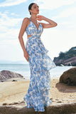 Vestido de Dama de Honor Comprido em Linha-A com Estampado Floral Branca e Azul e Folhos