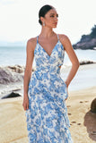 Vestido de Dama de Honor Comprido em Linha-A com Estampado Floral Branca e Azul e Folhos