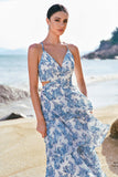 Vestido de Dama de Honor Comprido em Linha-A com Estampado Floral Branca e Azul e Folhos