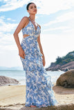 Vestido de Dama de Honor Comprido em Linha-A com Estampado Floral Branca e Azul e Folhos