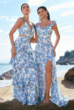 Vestido de Dama de Honor Comprido em Linha-A com Estampado Floral Branca e Azul e Folhos