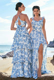 Vestido de Dama de Honor Comprido em Linha-A com Estampado Floral Branca e Azul e Folhos