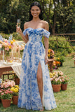Vestido Maxi de Tule Azul Floral Corset Linha A com Ombros Descobertos