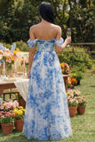 Vestido Maxi de Tule Azul Floral Corset Linha A com Ombros Descobertos