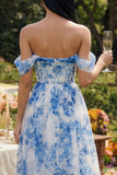 Vestido Maxi de Tule Azul Floral Corset Linha A com Ombros Descobertos