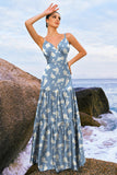 Navy Bloom A-Line Esparguete Correias Backless Print Cetim Long Vestido de Dama de Honra