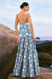 Navy Bloom A-Line Esparguete Correias Backless Print Cetim Long Vestido de Dama de Honra