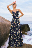 Navy Bloom A-Line Esparguete Correias Backless Print Cetim Long Vestido de Dama de Honra