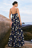 Navy Bloom A-Line Esparguete Correias Backless Print Cetim Long Vestido de Dama de Honra