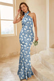 Azul Branco Flor Sereia Halter Open Back Print Long Bridesmaid Dress