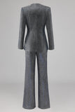 Cinzento Azul V-Neck Single Button Ternos Femininos