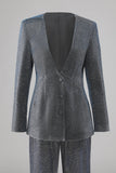 Cinzento Azul V-Neck Single Button Ternos Femininos