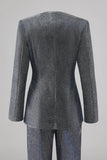 Cinzento Azul V-Neck Single Button Ternos Femininos