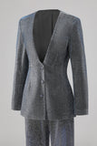 Cinzento Azul V-Neck Single Button Ternos Femininos