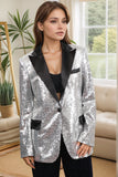 Sparkly Silver Preto Pico Lapela Blazer Feminino Prom