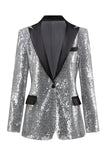 Sparkly Silver Preto Pico Lapela Blazer Feminino Prom