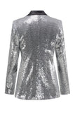 Sparkly Silver Preto Pico Lapela Blazer Feminino Prom