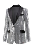 Sparkly Silver Preto Pico Lapela Blazer Feminino Prom