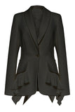 Preto mangas compridas xaile lapela babado blazer feminino