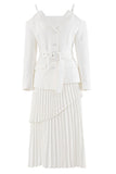 Blazer Branco Belted Plissado Chiffon Mulheres Blazer