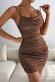 Castanho Ruched Bodycon Mini Vestido de Festa