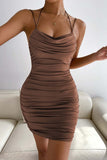 Castanho Ruched Bodycon Mini Vestido de Festa