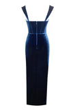 Sexy Royal Blue Velvet Bodycon Vestido de Coquetel com Fenda