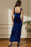 Sexy Royal Blue Velvet Bodycon Vestido de Coquetel com Fenda