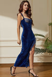 Sexy Royal Blue Velvet Bodycon Vestido de Coquetel com Fenda