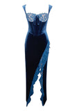 Sexy Royal Blue Velvet Bodycon Vestido de Coquetel com Fenda