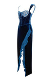 Sexy Royal Blue Velvet Bodycon Vestido de Coquetel com Fenda